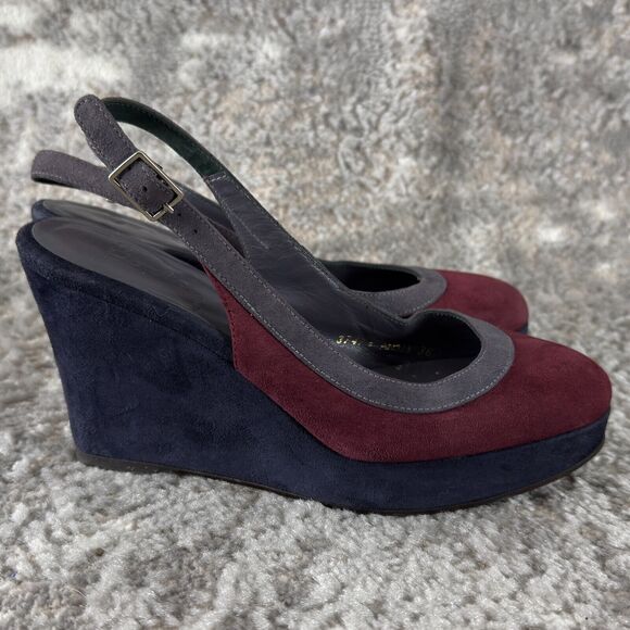 Boden Sz 36 (6) Suede Jewel-Tone Colorblock Slingback Wedge Heels Navy/Red - Picture 3 of 10